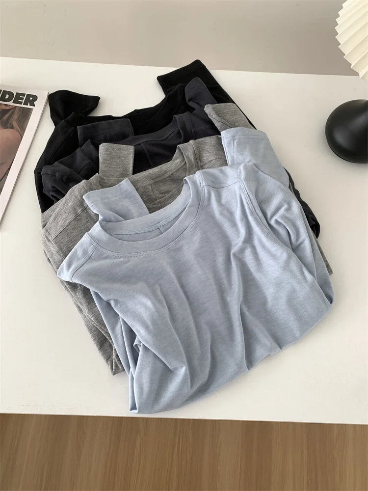 Silk Wool Splice Long Sleeve T-Shirt Women Spring Summer Thin Soft Waxy Fit Solid Color Backing Top