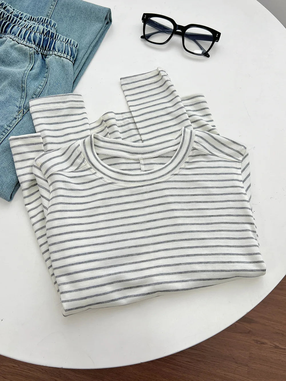Silk Wool Splice Long Sleeve T-Shirt Women Spring Summer Thin Soft Waxy Fit Solid Color Backing Top