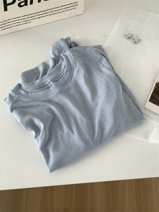 Silk Wool Splice Long Sleeve T-Shirt Women Spring Summer Thin Soft Waxy Fit Solid Color Backing Top