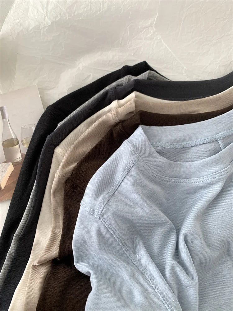 Silk Wool Splice Long Sleeve T-Shirt Women Spring Summer Thin Soft Waxy Fit Solid Color Backing Top
